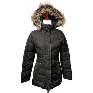 LARRY LEVINE Women's XS Down Puffer Coat Jacket Black Faux Fur Hood Winter Warm
